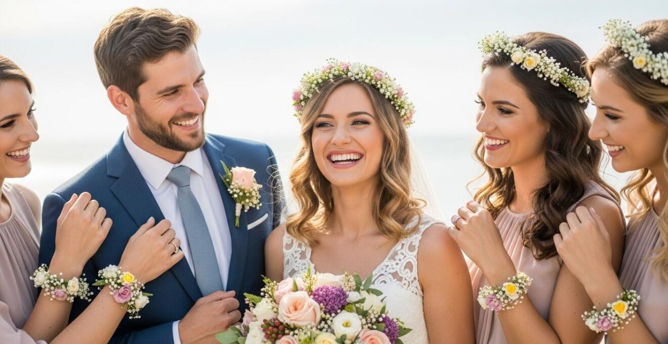 Photographie réaliste d'une mariée et de son cortège portant des accessoires floraux variés et élégants.