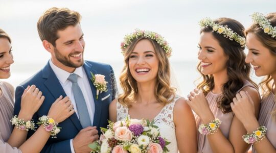 Photographie réaliste d'une mariée et de son cortège portant des accessoires floraux variés et élégants.