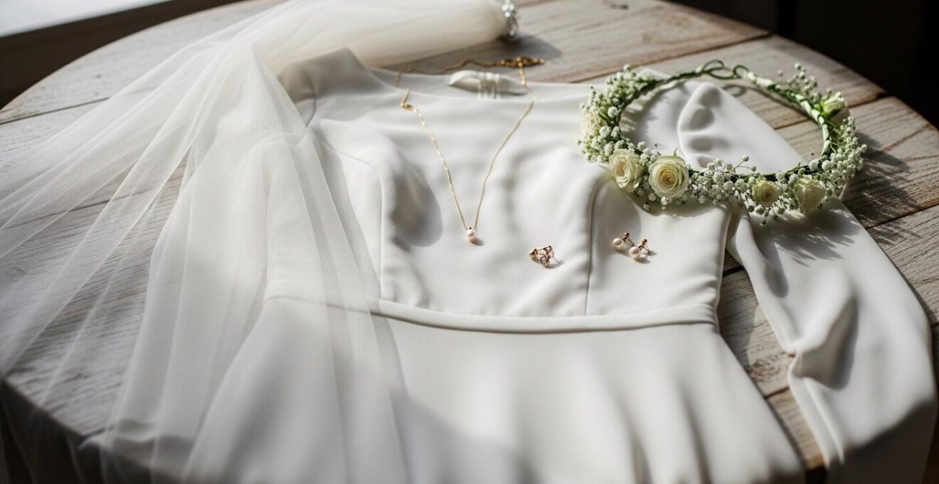 Accessoires délicats élégamment posés autour d'une robe de mariée blanche minimaliste