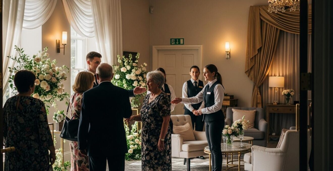 Accueil chaleureux d'invités à un mariage avec décoration élégante, espace confortable et personnel d'accueil souriant.