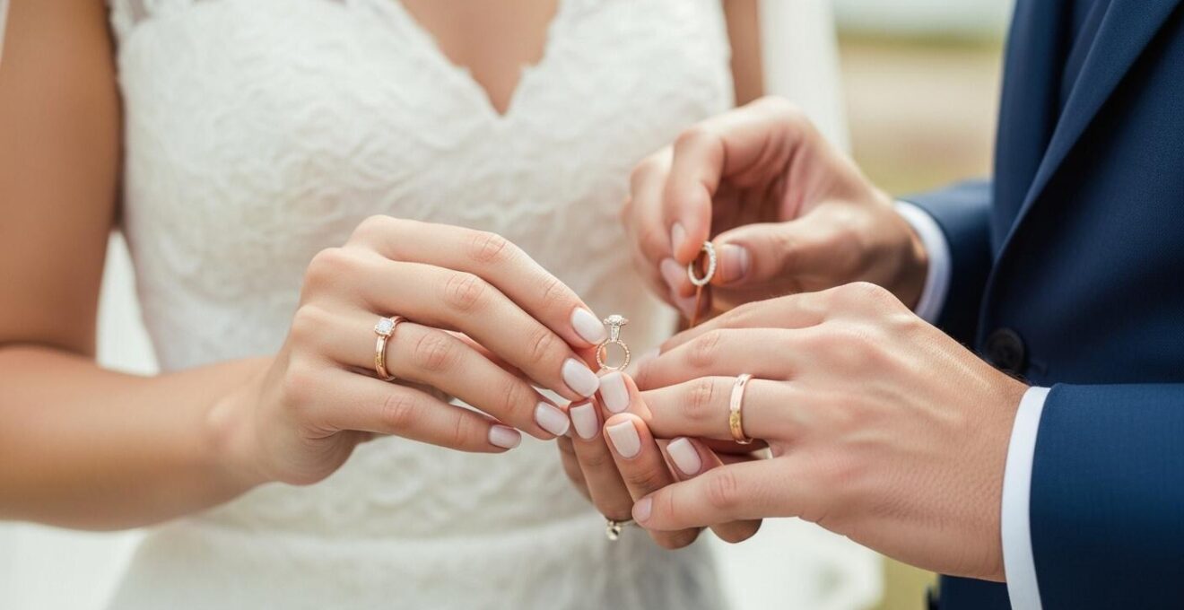 Photo réaliste d'un couple échangeant leurs alliances de mariage sous une lumière naturelle douce.