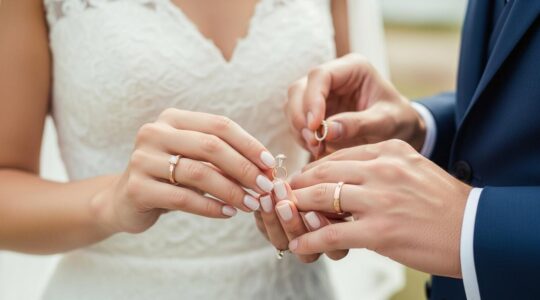 Photo réaliste d'un couple échangeant leurs alliances de mariage sous une lumière naturelle douce.