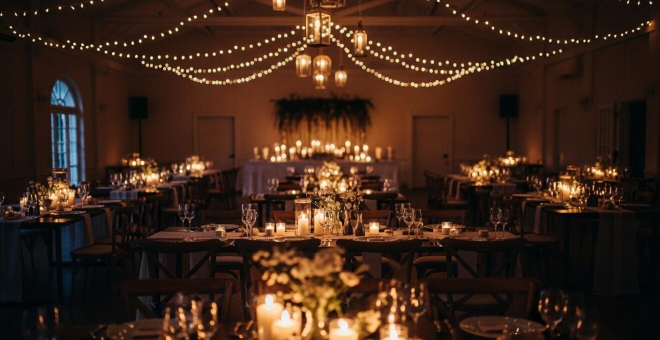 Scène de mariage avec une ambiance lumineuse tamisée et chaleureuse, mettant en valeur des bougies et guirlandes lumineuses