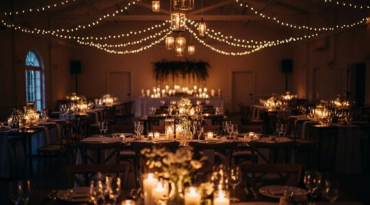 Scène de mariage avec une ambiance lumineuse tamisée et chaleureuse, mettant en valeur des bougies et guirlandes lumineuses