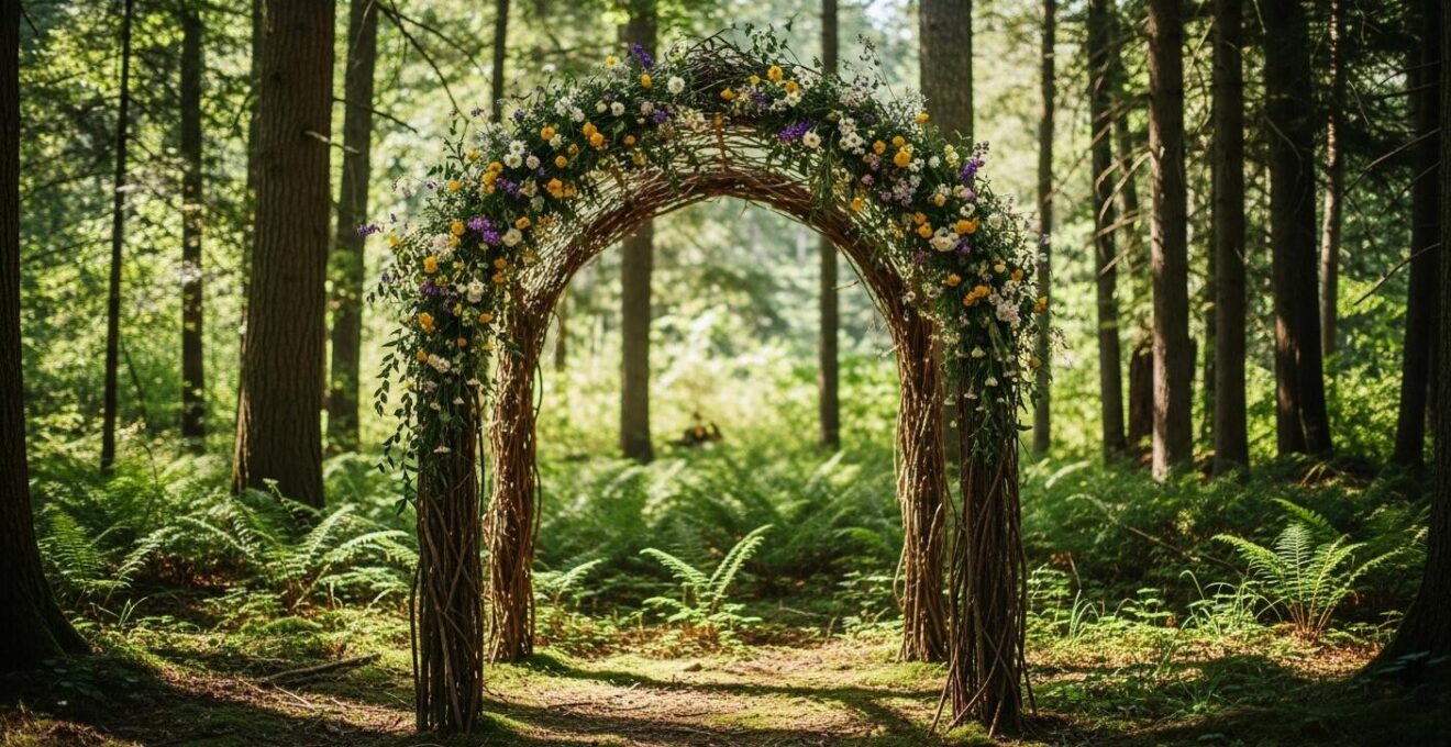Arche de mariage DIY en branchages naturels et fleurs sauvages dans une clairière.