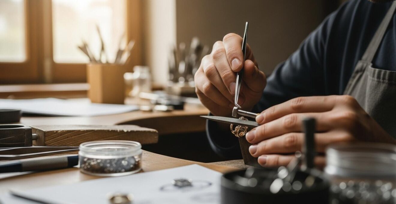 Artisan joaillier travaillant sur une alliance dans son atelier, outils et matériaux autour.