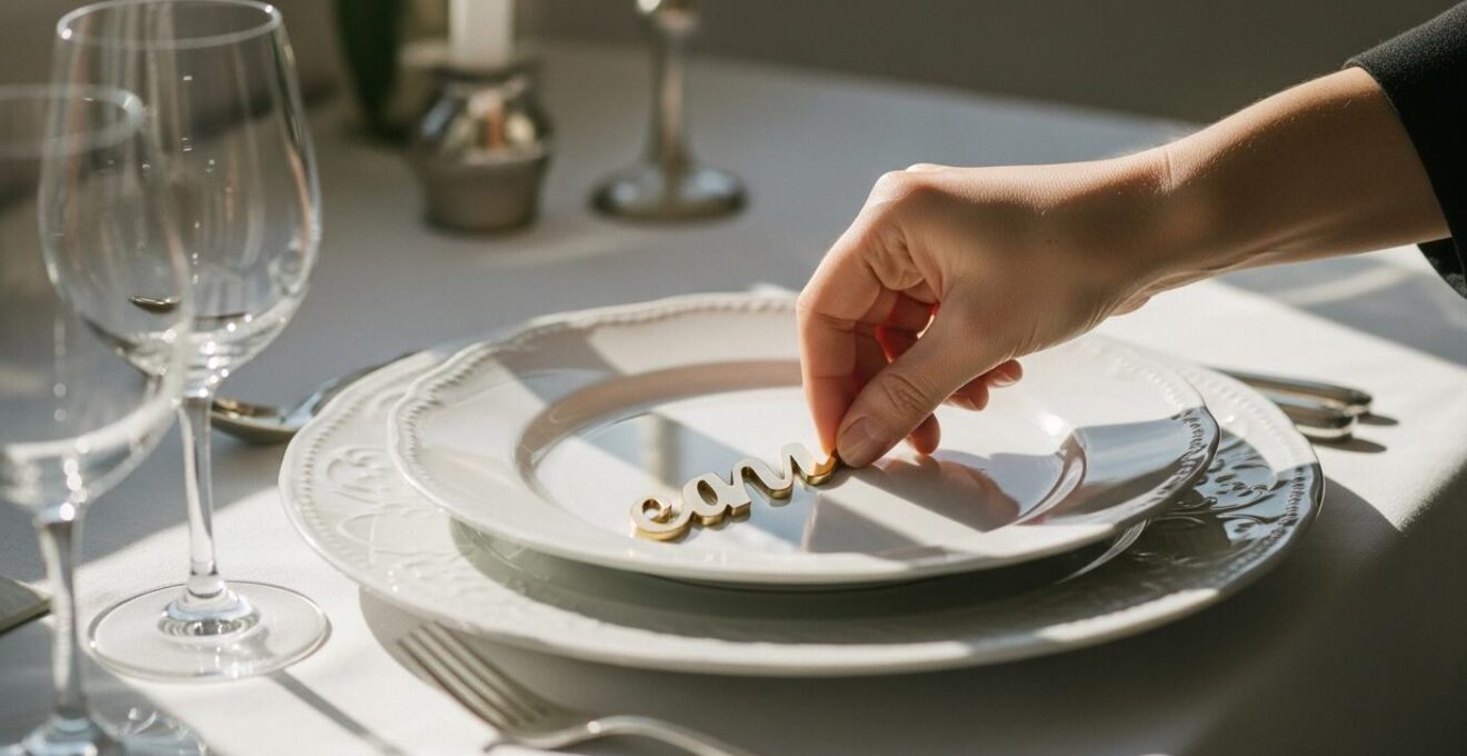 Main d'un marié déposant délicatement une petite carte de remerciement personnalisée sur une assiette lors d'une réception de mariage