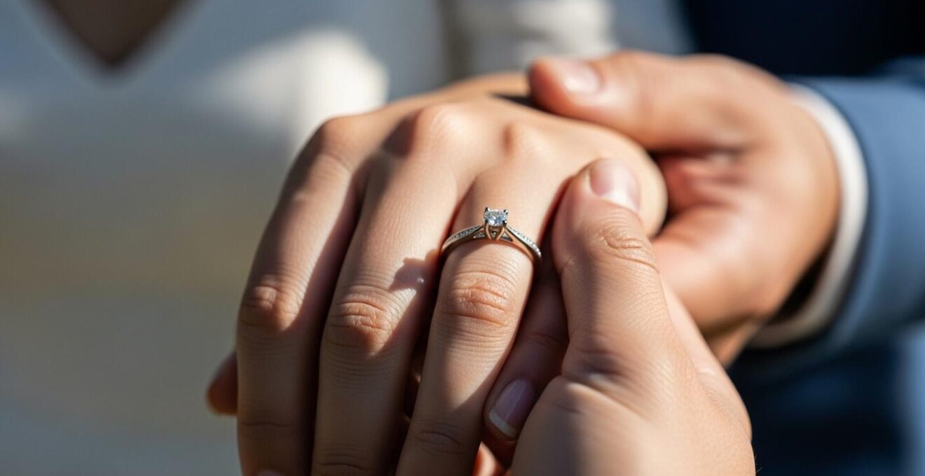 Une main féminine portant une bague de mariage élégante, tenue avec douceur par une main masculine en arrière-plan flou.