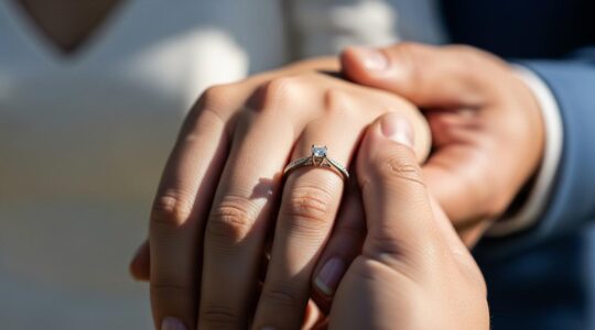 Une main féminine portant une bague de mariage élégante, tenue avec douceur par une main masculine en arrière-plan flou.