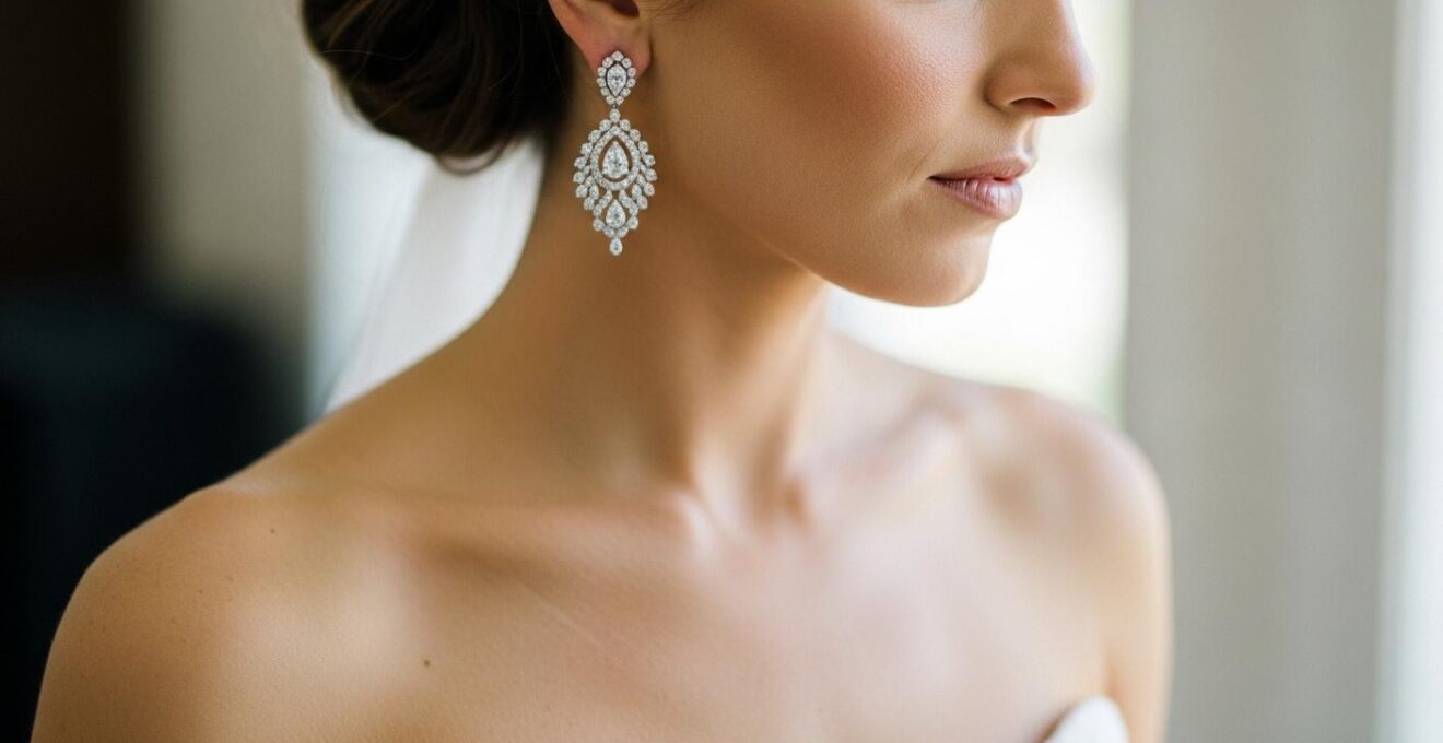 Photographie d'une mariée coiffée avec des boucles d'oreilles pendantes en diamant assorties à une robe bustier