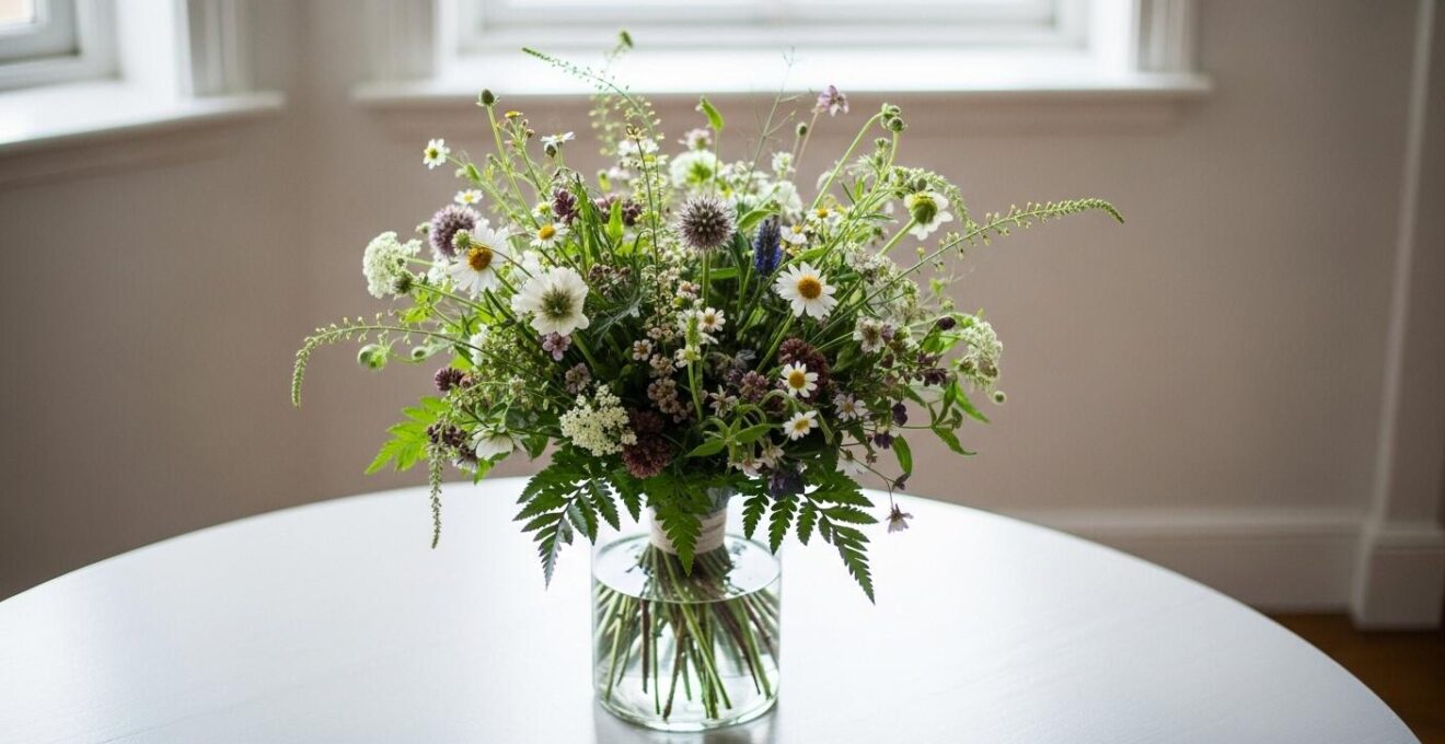 Bouquet champêtre chic aux couleurs pastel avec feuillages variés et fleurs semblees cueillies à la main