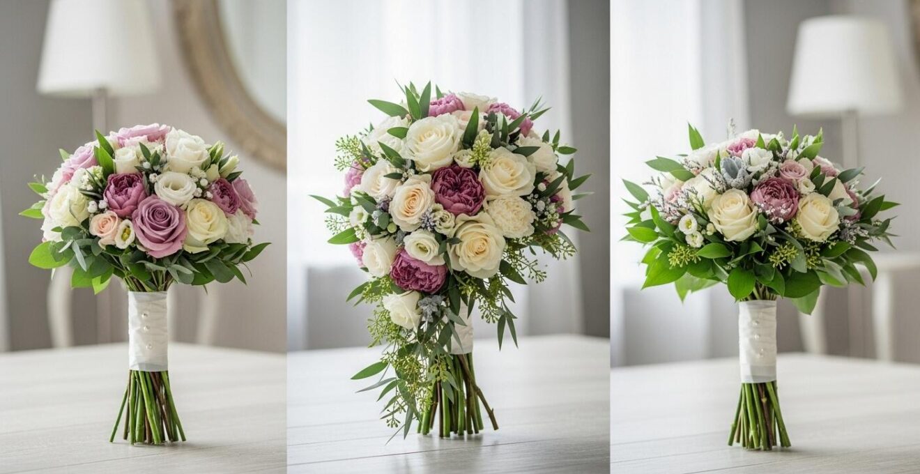 Différents types de bouquets de mariée posés sur une table lumineuse