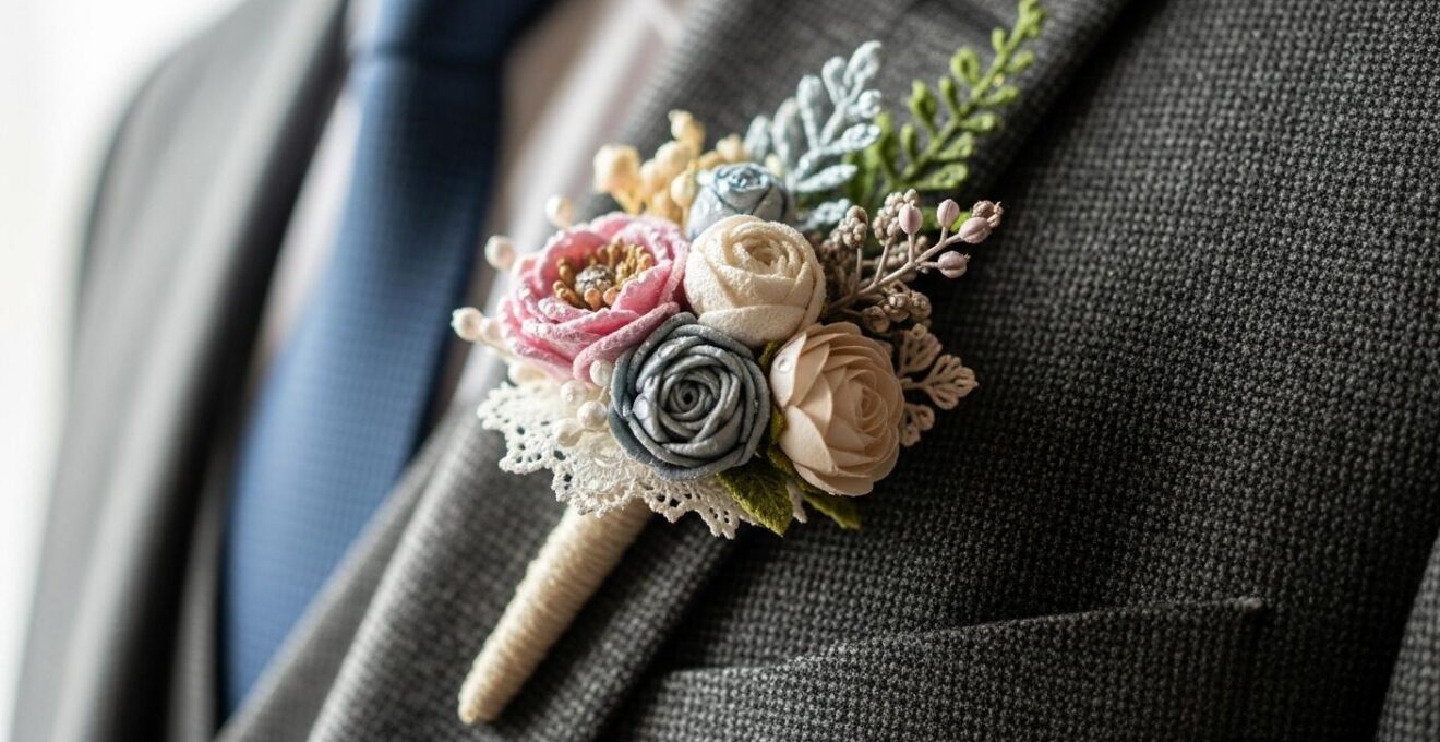 Gros plan sur une boutonnière élégante fixée sur le revers du costume du marié