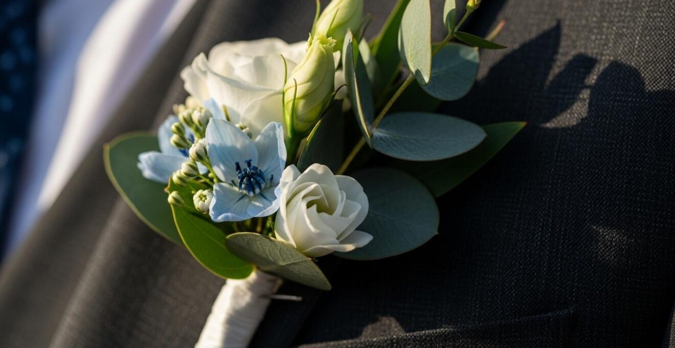Photographie réaliste en gros plan d'une boutonnière élégante sur le revers du costume d'un marié.