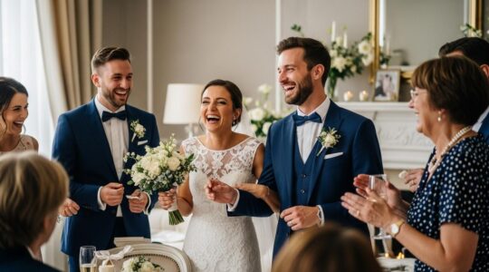 Photographie réaliste d'une célébration de mariage intime et chaleureuse avec mariés souriants entourés d'invités joyeux en plein échange convivial sous une lumière naturelle douce.