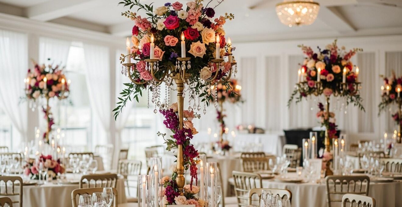 Un centre de table de mariage haut et spectaculaire avec des fleurs colorées et des bougies, éclairage naturel