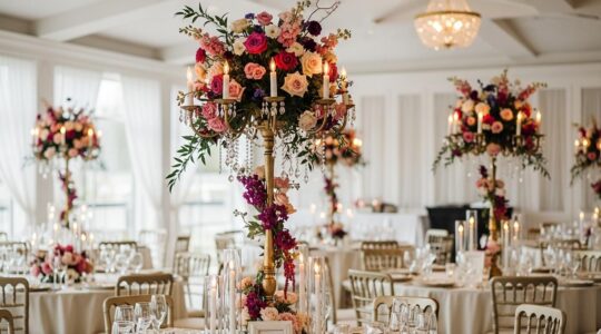 Un centre de table de mariage haut et spectaculaire avec des fleurs colorées et des bougies, éclairage naturel