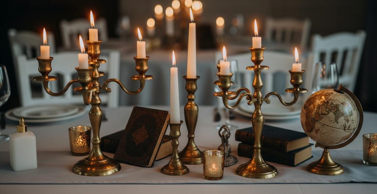 Photographie d’un centre de table de mariage sans fleurs, mettant en avant des bougies et objets décoratifs.