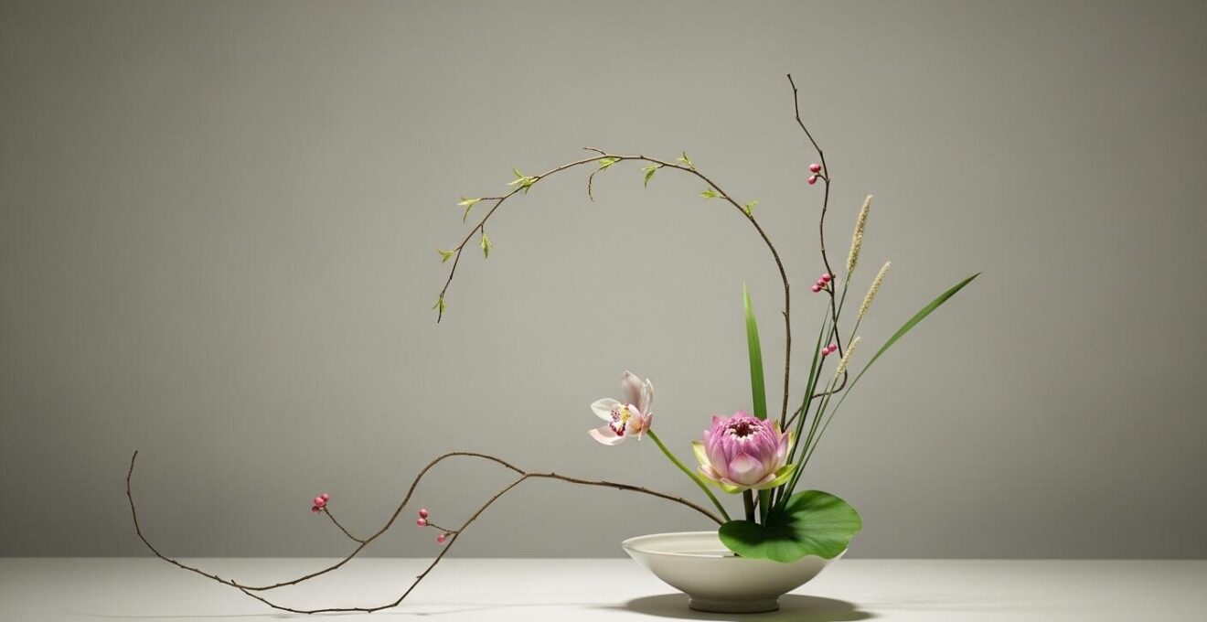 Centre de table minimaliste inspiré de l'ikebana avec une seule fleur et des branches épurées