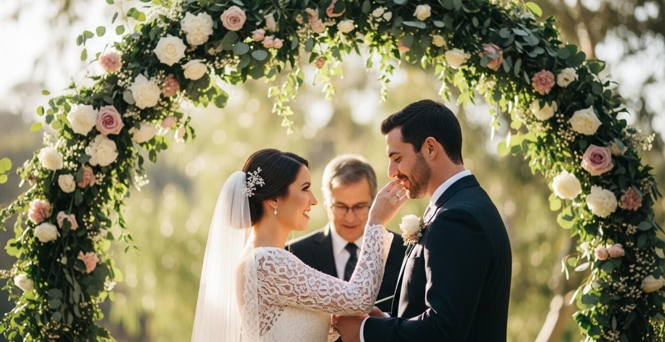 Photographie réaliste d’un couple échangeant des vœux lors d’une cérémonie de mariage laïque extérieure, sous une arche décorée, avec invités émus en arrière-plan.