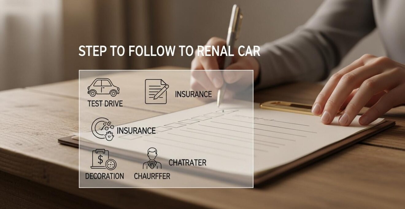 Illustration style checklist avec pictogrammes des étapes clés pour louer une voiture de collection sans souci