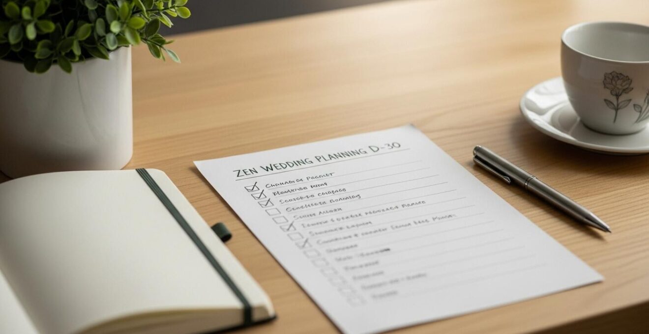 Illustration réaliste d'une checklist d'organisation de mariage zen à J-30 avec papeterie et notes manuscrites.