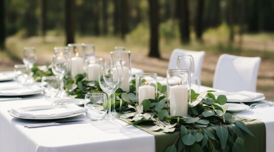 Table de mariage décorée avec un chemin de table en feuillage d'eucalyptus, bougies suspendues et vaisselle élégante en lumière naturelle