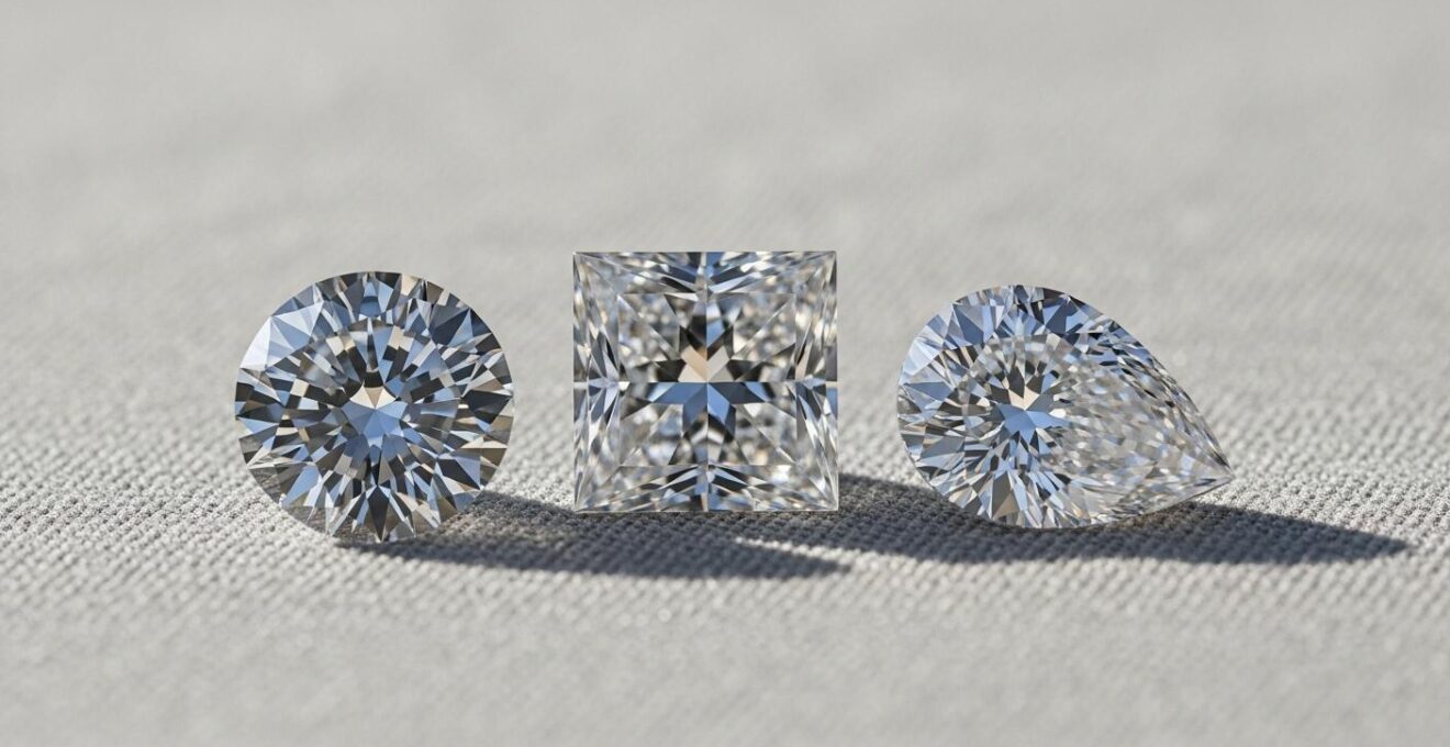 Composition artistique montrant trois formes de diamants : rond, princesse, poire, sur fond neutre et élégant