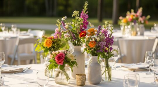 Composition florale avec vases de différentes tailles et styles pour décoration de mariage