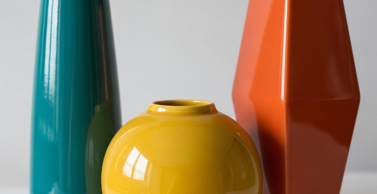 Composition de trois vases de tailles et couleurs différentes formant un ensemble équilibré