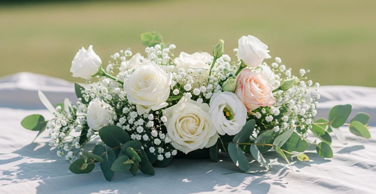 Composition florale délicate et légère avec fleurs pastel et feuillage aérien pour mariage poétique