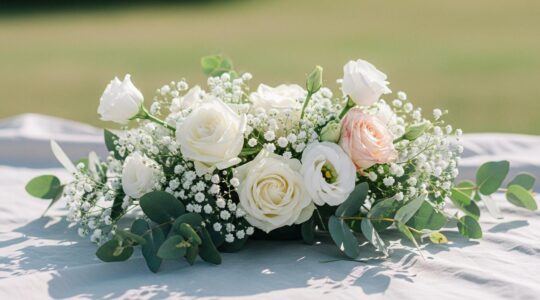 Composition florale délicate et légère avec fleurs pastel et feuillage aérien pour mariage poétique