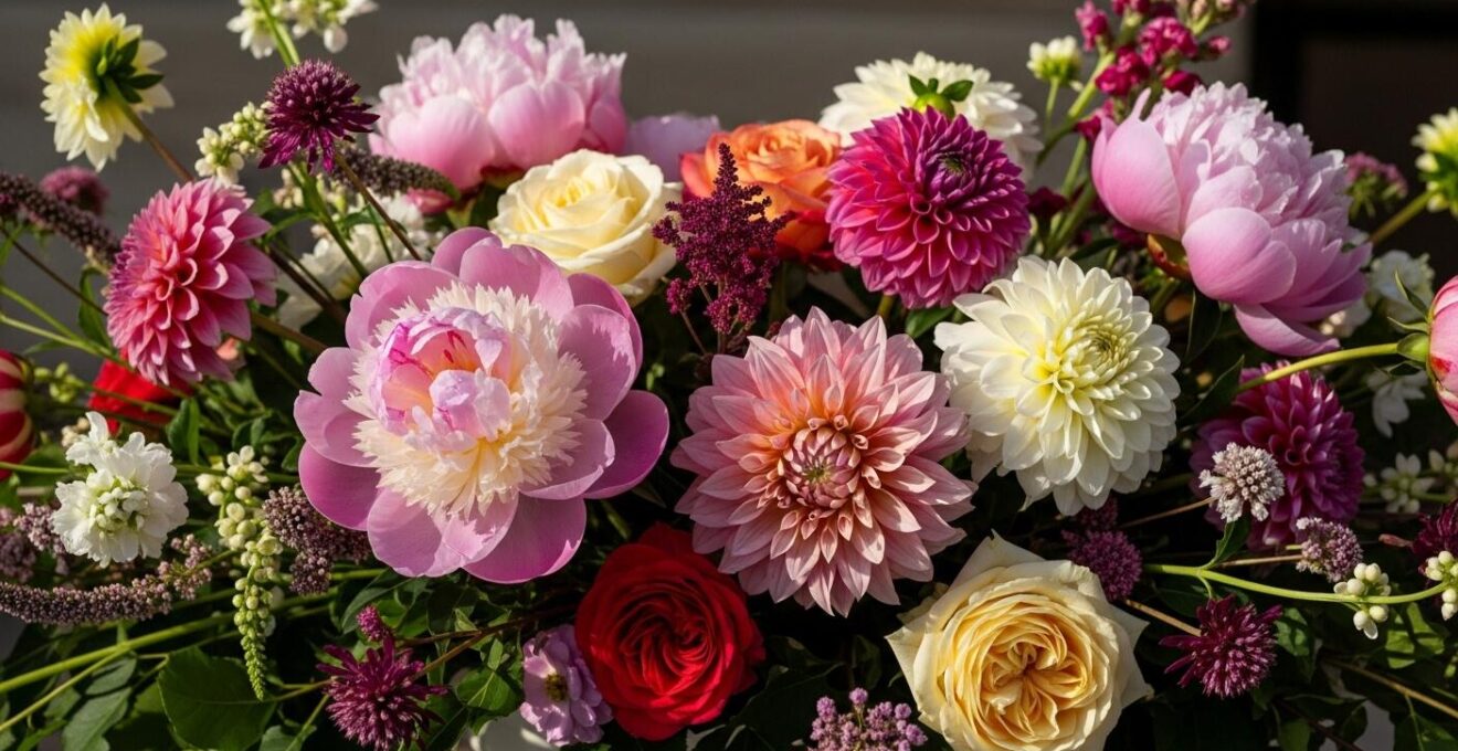 Photographie réaliste d'une composition florale de mariage mettant en valeur des fleurs de saison