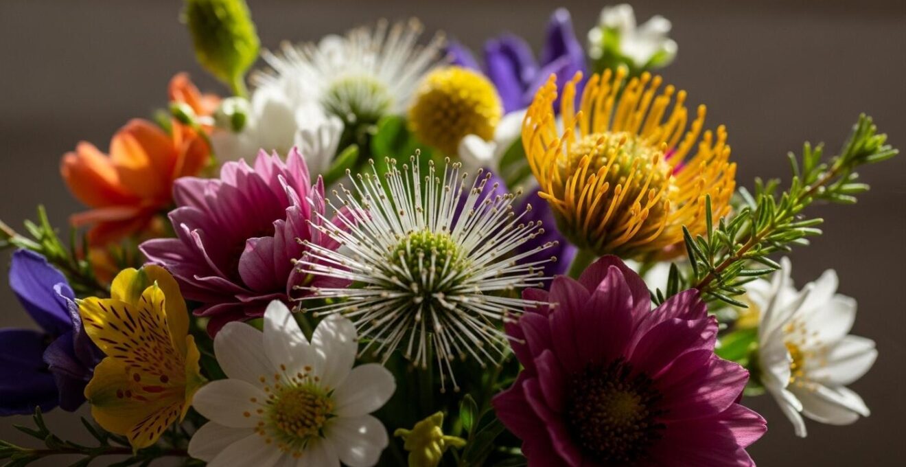Gros plan sur une composition florale colorée représentant les saisons du mariage
