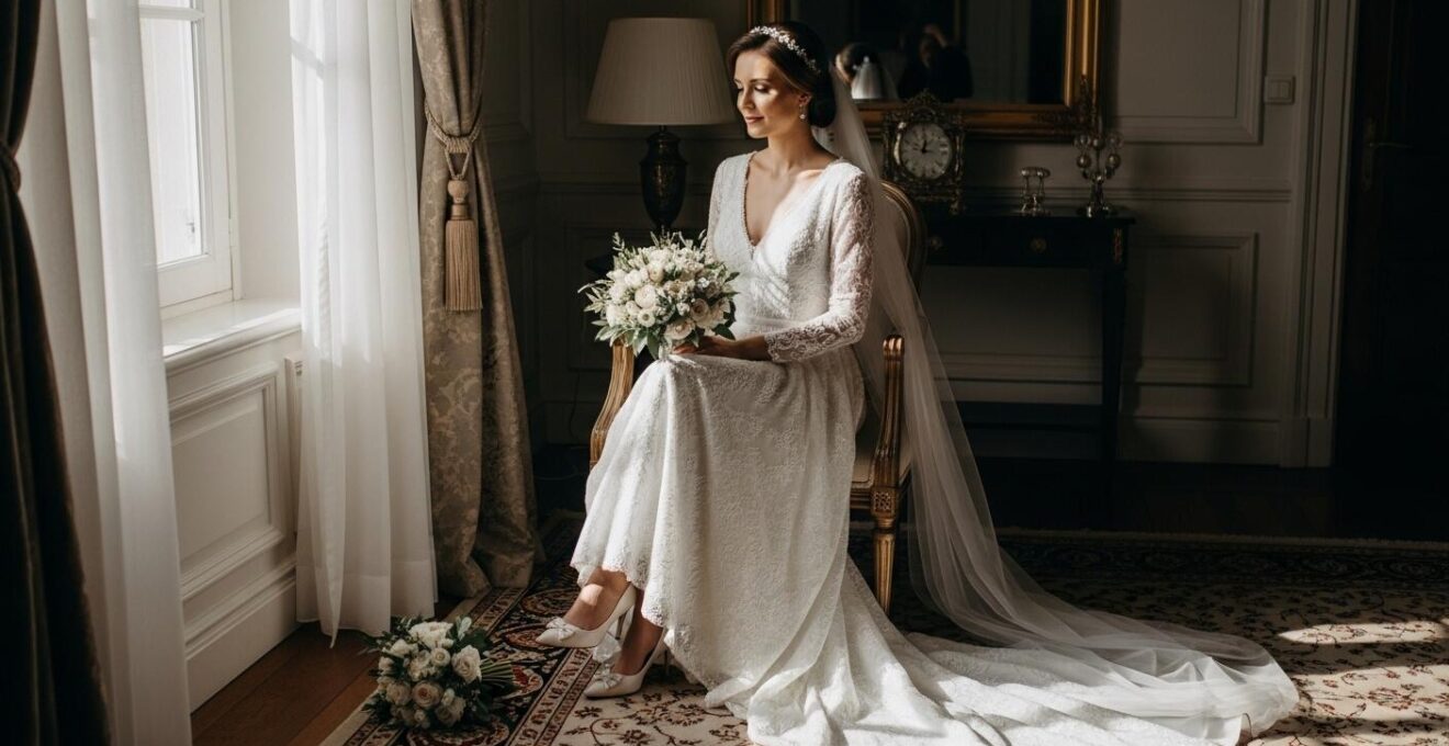 Mariée élégante portant une robe de mariée avec accessoires coordonnés, dans un décor lumineux et naturel