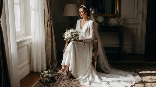 Mariée élégante portant une robe de mariée avec accessoires coordonnés, dans un décor lumineux et naturel