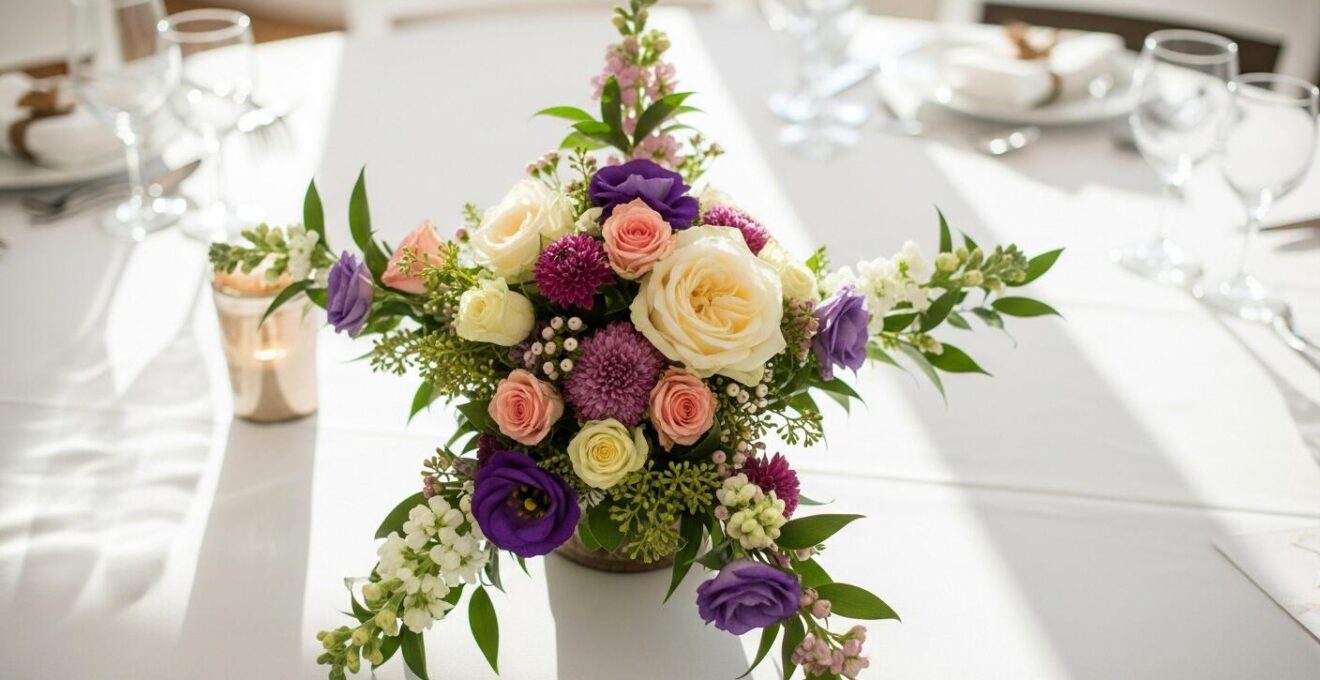 Centre de table de mariage en constellation florale avec différentes variétés de fleurs disposées artistiquement selon un motif étoilé