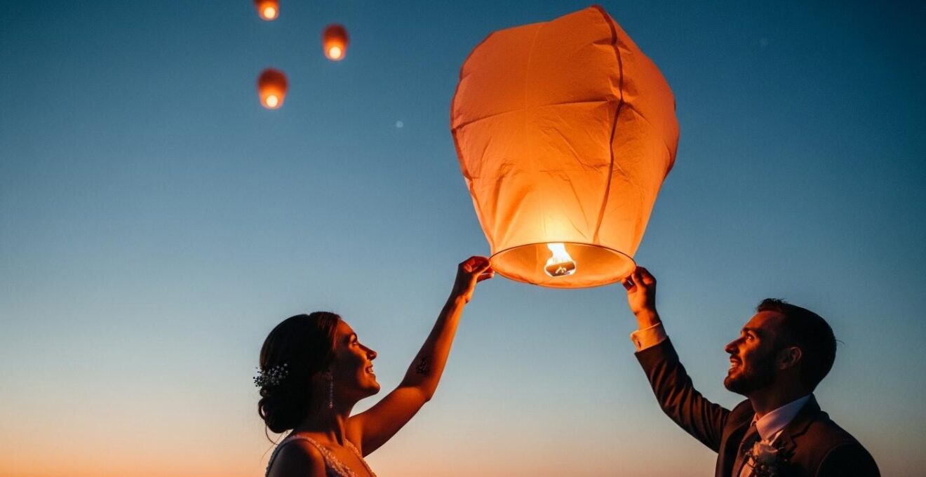 Couple lors d’un rituel de mariage original, lâcher de lanternes au crépuscule