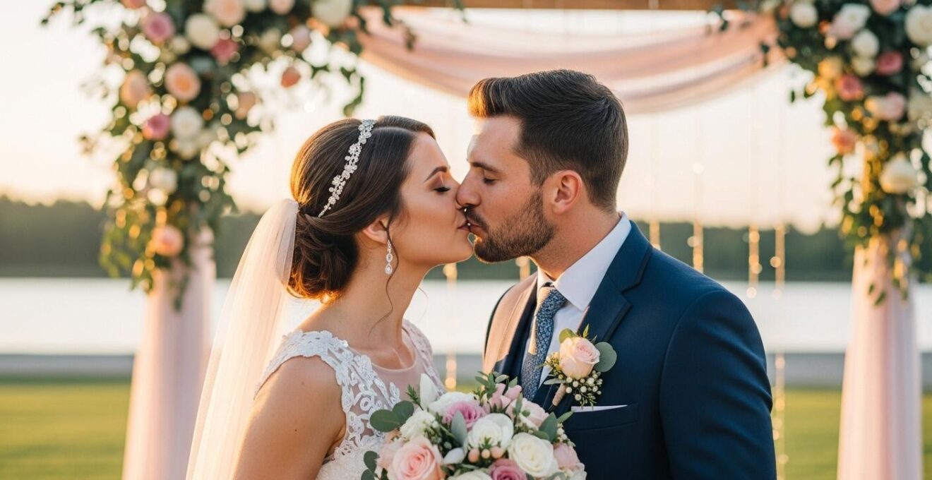 Couple de mariés s'embrassant avec un décor de mariage élégant en arrière-plan