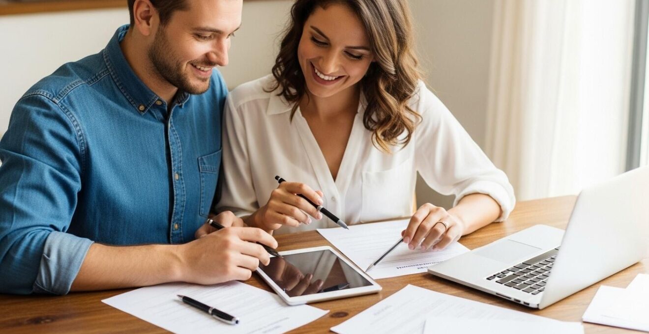 Couple discutant et organisant les tâches de mariage sur une tablette