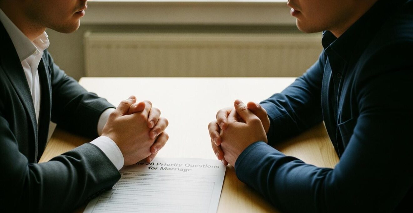 Couple assis à une table discutant et remplissant un questionnaire pour leurs priorités de mariage