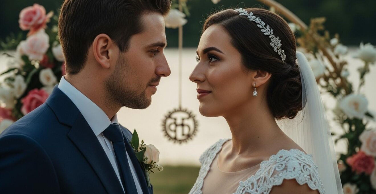 Couple de mariés modernes échangeant un regard complice dans un décor de mariage personnalisé et élégant