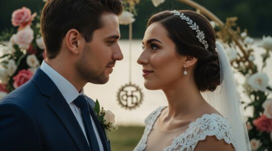 Couple de mariés modernes échangeant un regard complice dans un décor de mariage personnalisé et élégant
