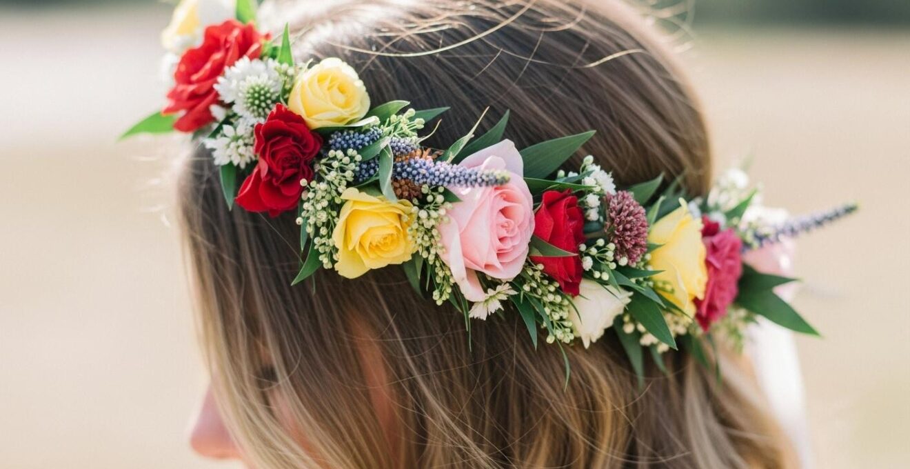 Photographie en gros plan d'une couronne de fleurs colorées portée sur cheveux détachés.