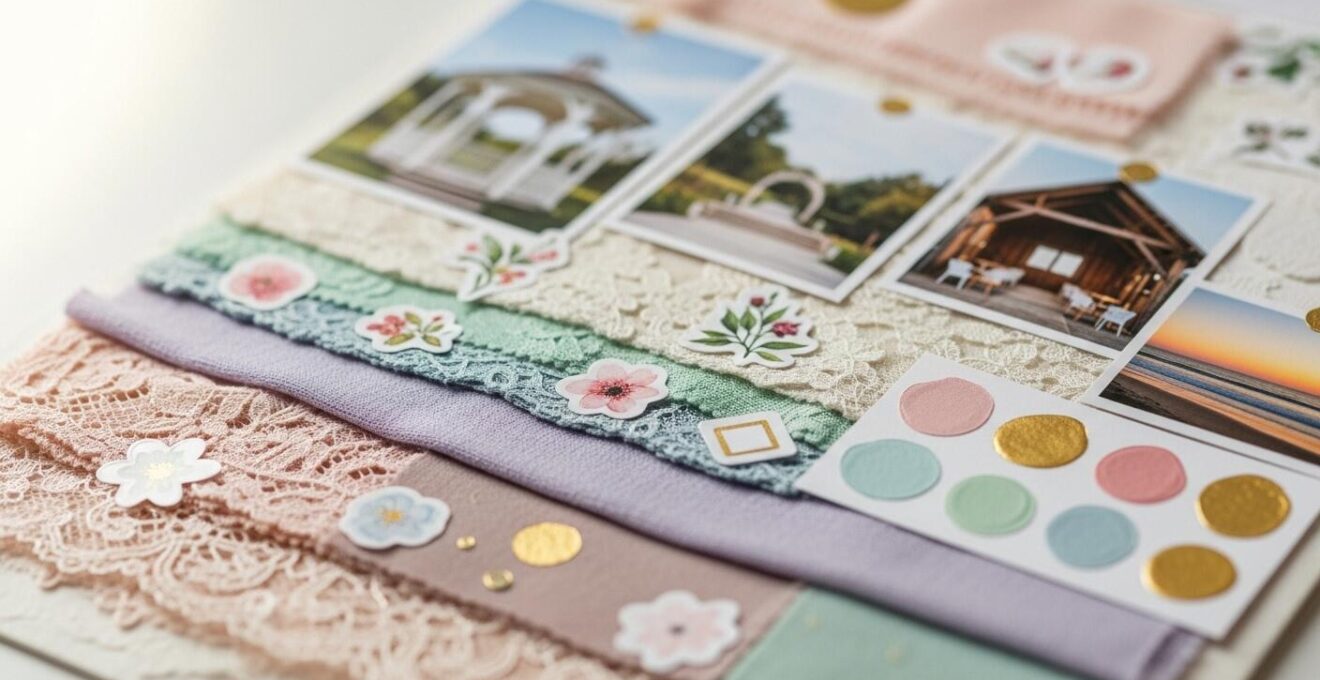 Planche d'inspiration moodboard mariage avec échantillons de couleurs, textures et images de décoration