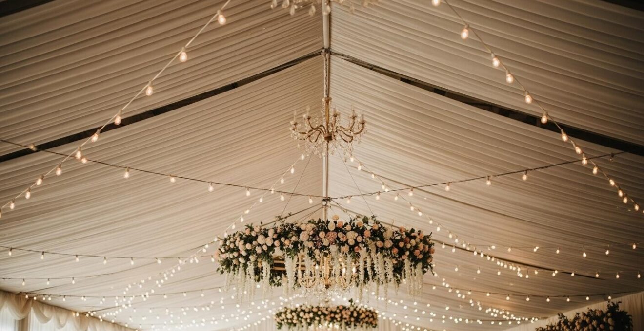 Décoration spectaculaire de plafond de salle de mariage avec guirlandes lumineuses, suspensions florales et drapés lumineux créant une ambiance féerique