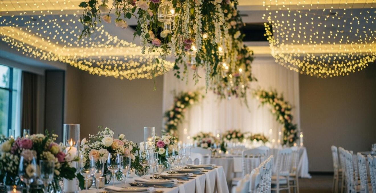 Vue photographique réaliste d'une décoration de mariage élégante et professionnelle dans une salle de réception raffinée.