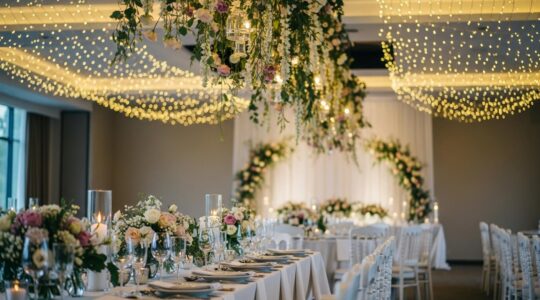 Vue photographique réaliste d'une décoration de mariage élégante et professionnelle dans une salle de réception raffinée.