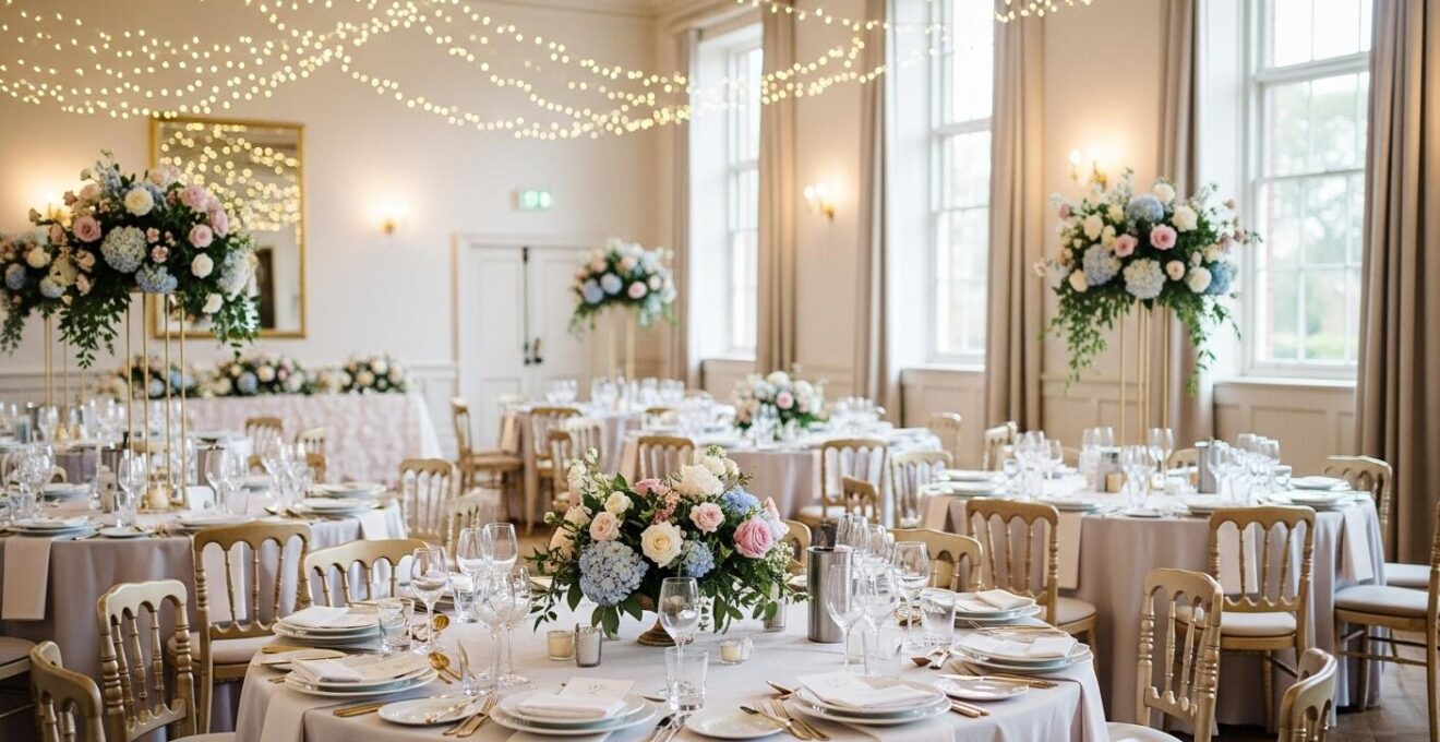 Vue d'ensemble d'une décoration de mariage élégante avec harmonie des couleurs et éléments personnalisés