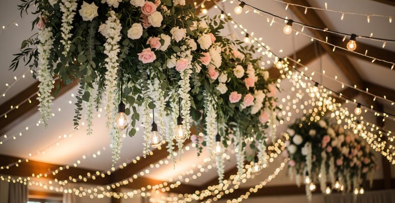 Plafond de salle de mariage décoré avec des fleurs suspendues et guirlandes lumineuses